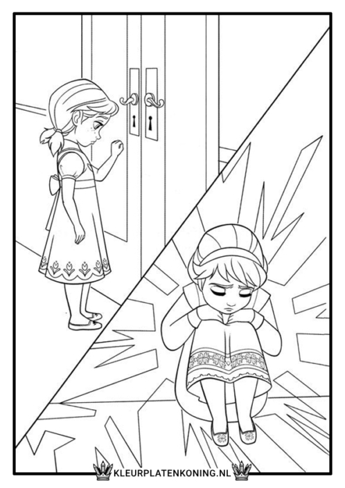 Kleurplaat van Elsa en Anna als jonge meisjes